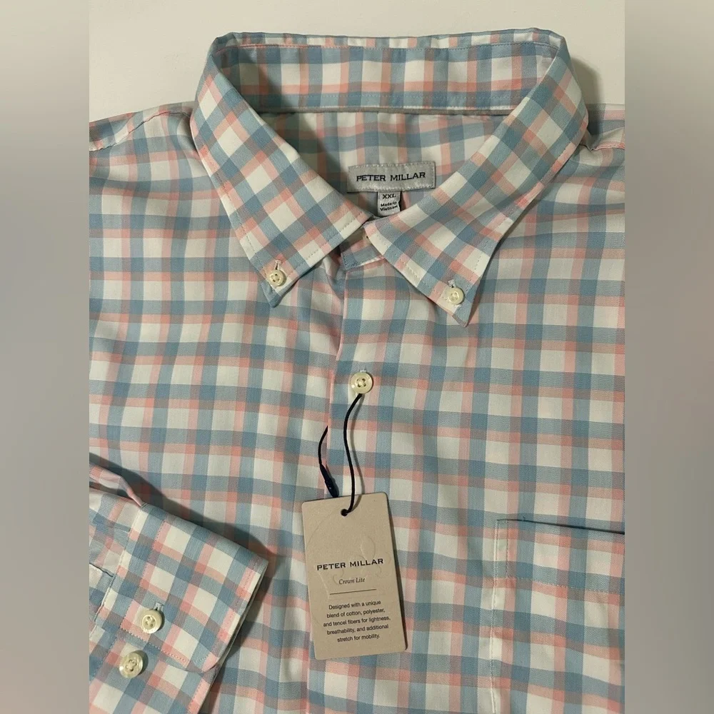 Peter Millar Men's Size 2XL Long Sleeve Button Up Shirt Pink Blue Plaid Lark NEW - Picture 1 of 7